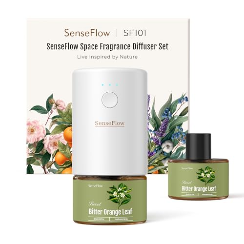 SenseFlow Aroma Diffuser für Ätherische Öle SF101, Wasserloser Ultraschall Duftstecker Raumduft, 100% pflanzlich Lufterfrischer, 120-Tage Aroma für Zuhause, Hotel - bis zu 100 m² - Bitterorangenblatt