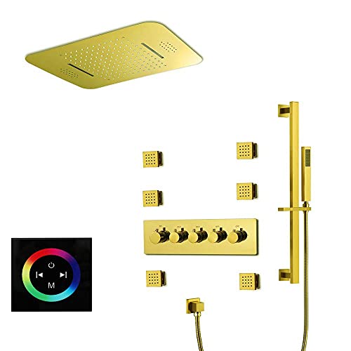 Brushed Gold 64-Color LED Lights Bluetooth Music Rainfall Waterfall 23 Inch Shower Head 4 Way Thermostatic Shower System with Body Jets and Sliding Bar