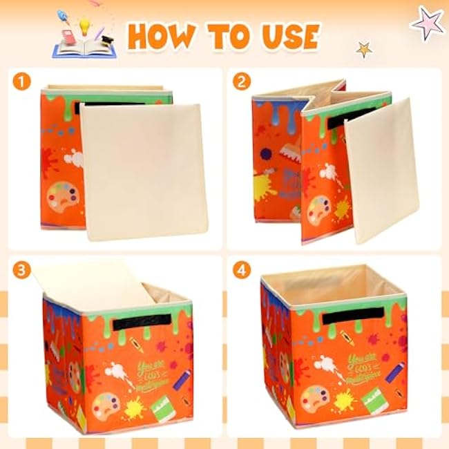 Weysat 6 Pcs 11 Inch Back to School Storage Bins Classroom Fabric Book Storage Cubby Bins Paint Splatter Folding Basket Organizers Colorful Cube with Handles for Daycare Elementary Teachers
