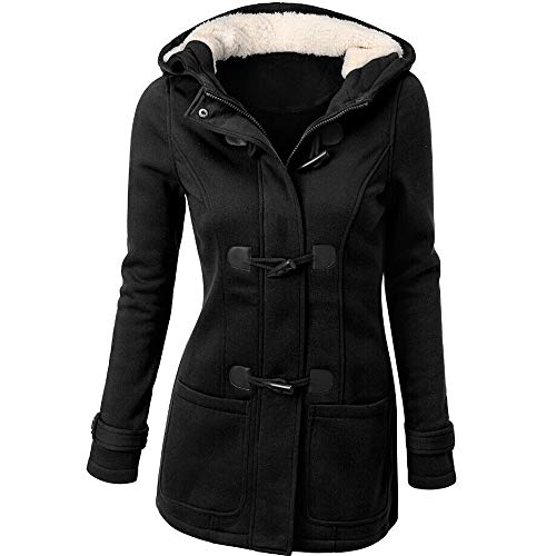 Bumplebee Dufflecoat Damen Wollmantel Mantel mit Kapuze Wintermantel Damen Fleece Plüsch Dicke Horn Knopf Winterjacke Reißverschluss Slim Outwear Elegant Winterparka Felljacke Mode Windbreaker Cover