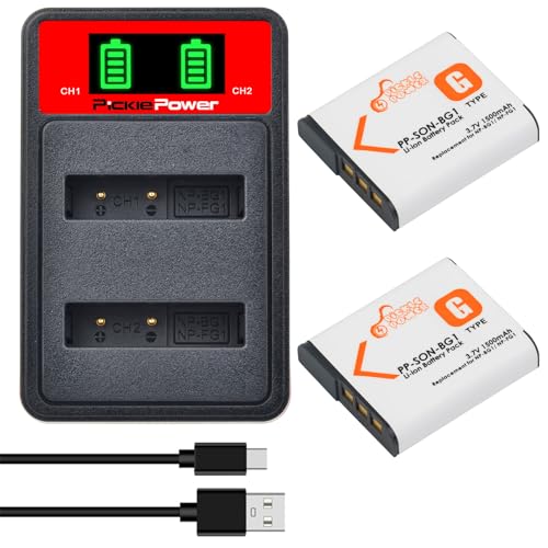 Pickle Power 2Pcs NP-BG1 NP-FG1 Battery and Charger for Sony DSC-H7 H9 H10 H20 H70 H50 H55 H90 HX5V HX9V HX10V DSC-W30 W35 W50 W55 W70 W80 W120 W150 W220 WX1 WX10 HX9V