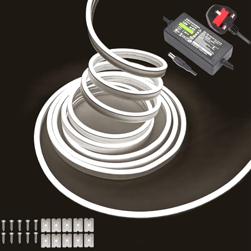 Image of balabaxer White neon LED strip lights – 16.4ft/5m 12V DC flexible rope light with 600 high-density SMD2835 LEDs, featuring IP65 waterproof rating for indoor and outdoor decor (includes power adapter).