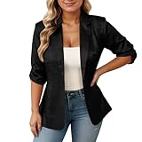 Generisch Americana de lino para mujer con lentejuelas, manga 3/4, fruncida, ligera, deportiva, para fiesta, moda, brillante, elegante, chaqueta de traje, disfraz de carnaval, Negro , XXL