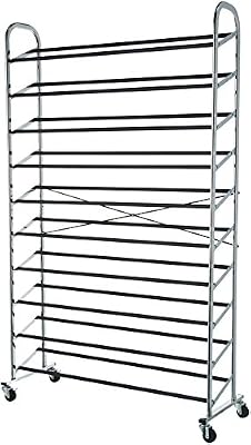 Amazon Basics 50-Pair Shoe Rack Organizer, Portable Rolling with Locking Wheels, Free Standing, 35.8 x 14.6 x 59.5 inches, Chrome