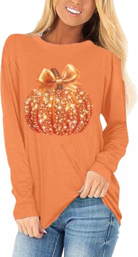 Women's Holiday Long Sleeve T-Shirts Halloween Thanksgiving Tees Fall Glitter Pumpkin Tops(2026-822-Orange,L)