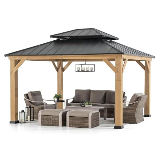 Sunjoy 11 x 13 ft. Wood Gazebo Cedar Framed Gaezbos with Black Double Steel Hardtop Roof for Garden, Backyard Shade