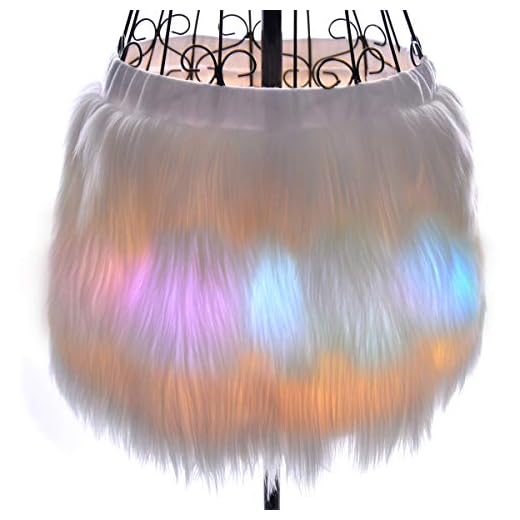 Unicorn White Fur Led Skirt for Women - Mini Short Light Up Tutu Skirts for Rave Cosplay Costume Christmas Halloween Festival EDC Dance Party Rainbow Clothing Outfit White-S