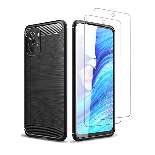 Avesfer for Xiaomi Redmi Note 10/10S 4G Case with Screen Protector Tempered Glass Lightweight Shock Absorbing Resilient TPU Cover Anti Impact Scratch Resistant Carbon Fiber (Black)
