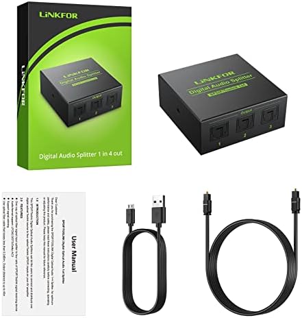 LiNKFOR Optical Audio Splitter 1x4 SPDIF Toslink Optical Splitter with Optical Cable Toslink Splitter Aluminum Alloy 1 IN 4 OUT Support LPCM 2.0 DTS Dolby-AC3 Compatible with PS3 DVD HDTV STB Etc