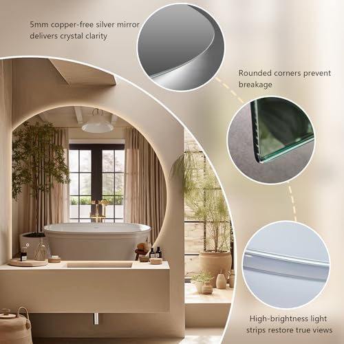 Miroir de salle de bain demi-lune à DEL incassable et rétroéclairé