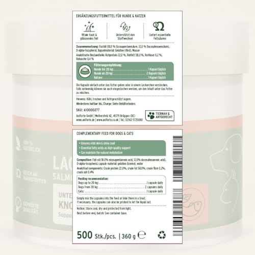 AniForte Lachsöl Kapseln für Hunde & Katzen 500 Stück – wertvolles Omega-3 Fischöl & Vitamine für Stoffwechsel, Knochenaufbau & glänzendes Fell