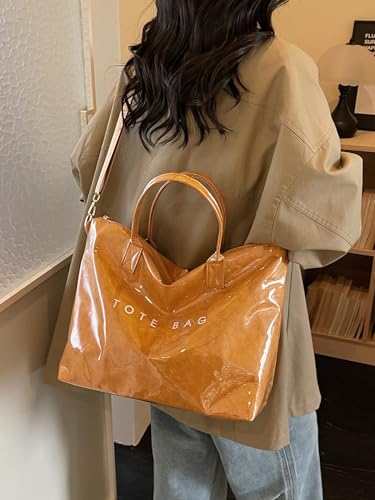 Image of PVC Tote Bag Gifts for Women Large Tote Purse Kraft Paper Letter Print Hobo Handbags for Work Beach Shopping Travel
