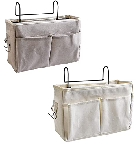 SDFSA 2 Piezas Organizador de Cabecera, Bolsillo Organizador para Colgaren Cama, Bolsillo de Cabecera, Gran Capacidad Bolsillo Cama con Gancho para Hogar, Oficina, Escuela, Dormitorio (Gris, Blanco) Cover