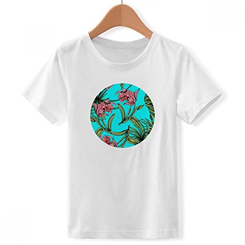 T-Shirt Blanc Garçon XX-Grand à Motif Fleur Plante et Feuille Bleu Ciel