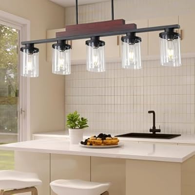 LOUSACE Dining Room Light Fixtures over Table 5-Light Kitchen Island Lighting Ceiling Hanging Pendant Light Modern Farmhouse Linear Chandelier Lighting Fixture with Clear Glass Shades for Dining Table