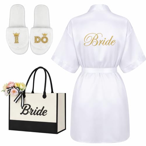 Image of Berlune 3 Pcs Bride Robe for Wedding Day Set Bridal Robes Slippers Tote Bag for Bridal Shower Gift Bachelorette Party