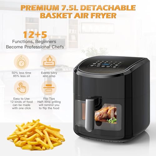 EUARY Freidora Sin Aceite 7.5L,1700W Freidora de Aire Caliente con 17 Programas,AirFryer con 32 Recetas en Español y 12 Programas, Pantalla LED Táctil,Precalentar