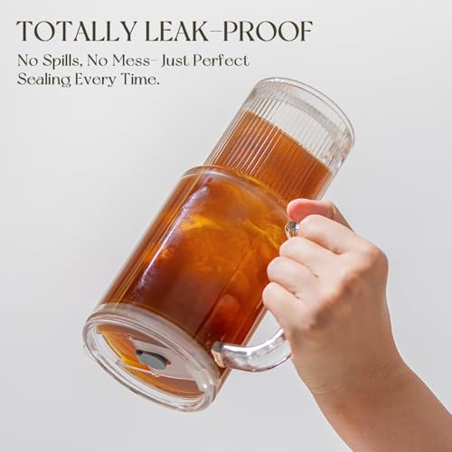 KEMORELA 768ml Glass Tumbler with Straw and Lid, Ribbed Glass Cup with Handle, Leakproof Lid, Iced Coffee & Juice Tumbler, Dishwasher Safe for Home, Office & Car - Image 6