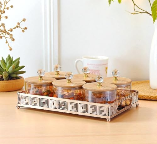 Image of Diwali Serving Dry Fruit, 6 pcs Glass Container Serving Tray Set | 600 ML Each Premium Design Air-Tight Lid Snack Organizer Tray Copper Stand Wooden Lid Diwali Gifts