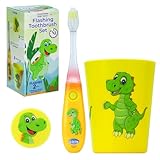 Lily's Home Kids Toothbrush with Flashing Timer and Soft Bristles, Rinsing Cup & Cover - Fun 2-Min Light-Up Timer for Children - Toddler Soft Toothbrush Kit (Dinosaur)