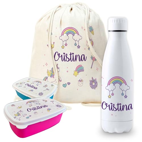 Pack vuelta al cole diseño unicornios botella personalizada + mochila saco personalizada + fiambrera personalizada con foto y/o texto para el colegio o guardería. Caja merienda libre BPA