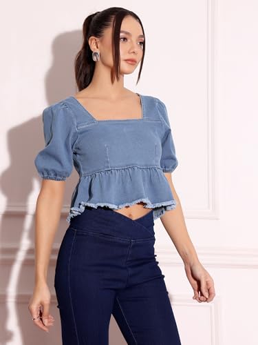 Image of Miss Chase Women's Round Neck Half Sleeves Cotton Lace and Pearl Detailing