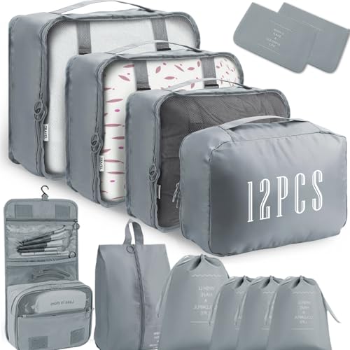 Kinyoda 12 Piezas Organizador de Equipaje, Organizadores para Maletas, Cubos de Embalaje Bolsas de Ropa Organizador Mochila Maleta Viaje, Organizadoras Viaje Para Ropa,Bolsos, Zapatos,Cosméticos,Gris