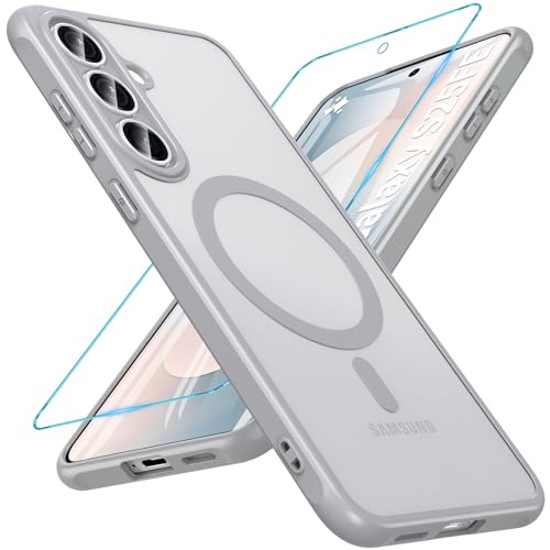 Image of OWKEY for Samsung Galaxy S25 FE Case 6.7'', Magnetic Galaxy S25 FE Case for Magsafe with Tempered Screen Protector [Shockproof Military] Translucent Matte Bumper Phone Cover Samsung S25 FE 5G, Gray