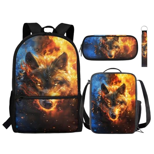 Set 4 in 1 per bambini con borsa per la scuola termica per il pranzo astuccio portamatite portachiavi per libri alla moda Fuoco galassia Taglia unica Zaini Daypack