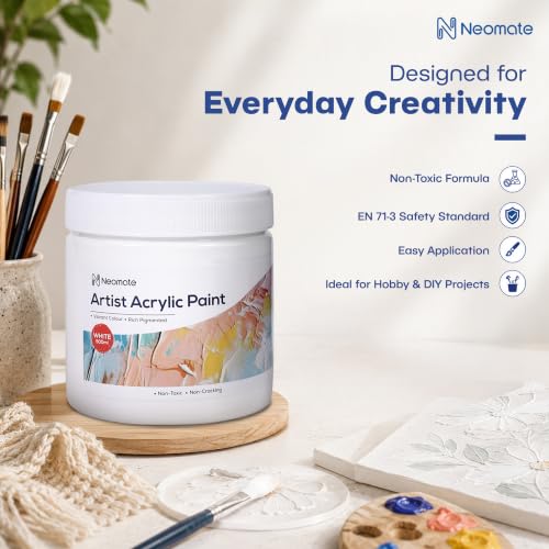Image of Neomate Acrylic Colour White 500ml | Art & Craft, DIY, Rich Pigment, Non-Craking Paint for Canvas, Wood, Leather, Earthenware, Metal | Ideal for school projects, Hobbyists, Artists