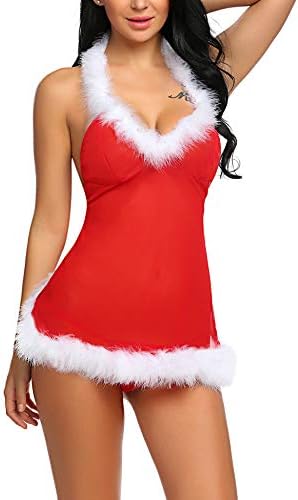 BEAUSOM Women's Sexy Santa Christmas Lingerie Set Halter Babydoll Lace Chemises Sleepwear Red L