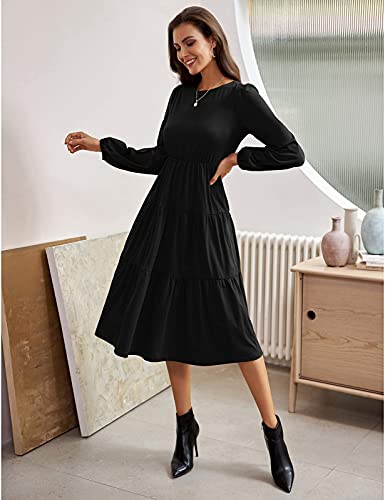 GRACE KARIN Women's Long Sleeve Casual Swing Long Maxi Dress with Pockets Black M