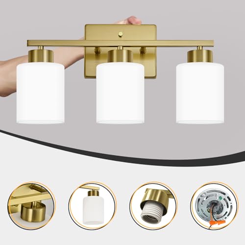 Image of FonmYim Brushed Gold Bathroom Light Fixtures, 3-Light Modern Vanity Light Over Mirror, Wall Sconces with Milky White Frosted Glass Shades, E26 Socket (Bulbs Not Included)