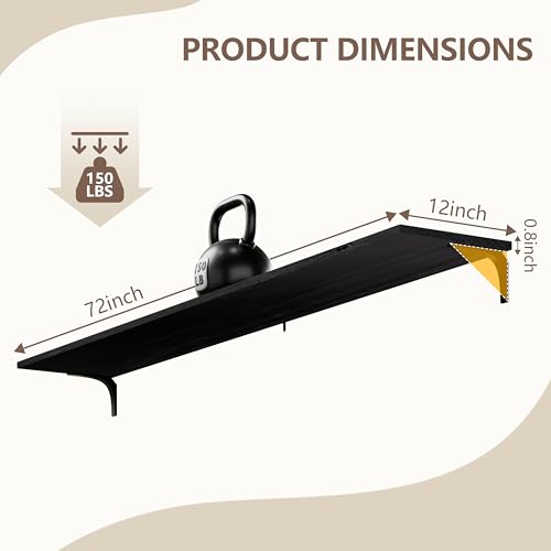 Image of 72 Inch Floating Shelves Set of 2, 12 Inch Deep Extra Long Black Solid Wood Wall Shelves with 120 lbs Capacity, 6ft Heavy Duty Farmhouse Wall Mounted Shelving for Living Room & Kitchen
