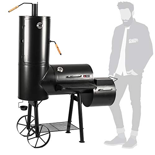 Foto von Mayer Barbecue RAUCHA Smoker MS-300 Pro Holzkohlegrill Räucherofen Smoker Grill, 2 Deckelthermometer, Massiv 49 kg, Schwarz, 139 x 184 x 73,5 cm (B x H x T)
