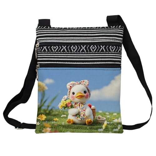 Cartoon Duck Messenger Bag Small Ethnic Pattern Printed Adjustable Strap Crossbody Zipper Pouch Cartoon Duck Phone Organizer Wallet Cute Shoulder Handbag for Women
