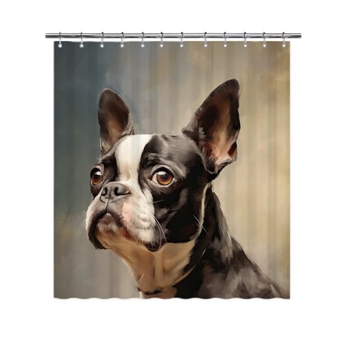 Ganshan Bi Funny Boston Terrier Shower Curtain Colorful Dog Pet Animal Art Print Bath Curtains for Bathroom Home Decoration with 12 Hooks Waterproof Fabric 66x72 Inch