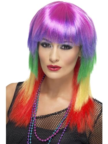 Smiffys Rainbow Rocker Wig, Rainbow Long, with Fringe, 1980's Fancy Dress, Adult Dress Up Wigs