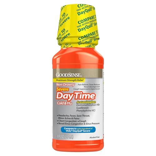 GoodSense Daytime Cold & Flu Multi-Symptom Relief, Non-Drowsy, Effective Relief for Fever, Sore Throat, Cough, Nasal Congestion, 8 Fl Oz