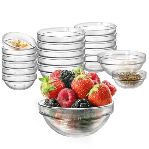 Etolies 20 pack Mini Glass Prep Pinch Bowls,3.5 Inch(4oz) Clear Small Glass Bowls Set of 12 pack and 2.3 Inch(1oz) 8 pack, Serving Bowls Stackable for Kitchen Prep, Dips,Cooking Toppings,Condiments.