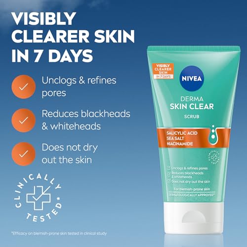 NIVEA Derma Skin Clear Scrub (150ml), Exfoliating Face Scrub, Salicylic Acid Face Wash Enriched with Niacinamide to Unclog Pores and Refine Textures, For Blemish-Prone Skin