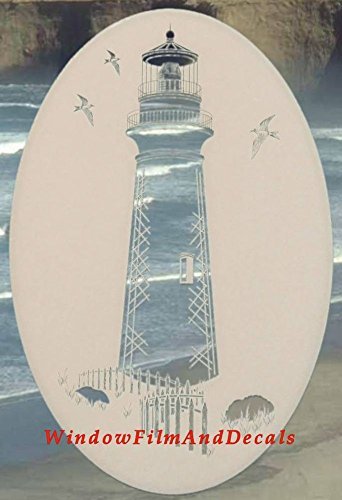 Lighthouse Oval Etched Window Decal Vinyl Glass Cling - 15" x 23" - White with Clear Design Elements