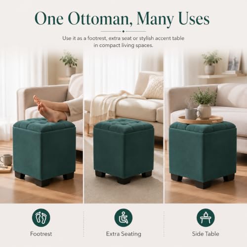 Image of Velvet Cube Ottoman | Seating Stool for Living Room | Soft Cushioned Footrest Stool with Durable Plastic Legs | Multipurpose Seating, Side Table & Pouffe Home Decor, 12x12x14 inch (Green)