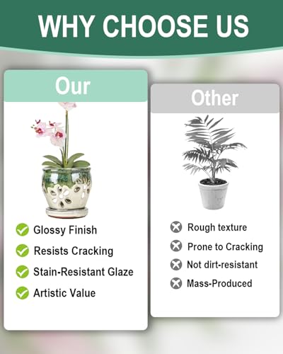vensovo 4 Inch Ceramic Orchid Pots with Drainage Holes and Saucers, 2 Pcs Small Planters for Orchids Succulents, Indoor Outdoor Ceramic Flower Pots for Healthy Root Growth (Olive Green, Green Mixed) - Thumbnail 2
