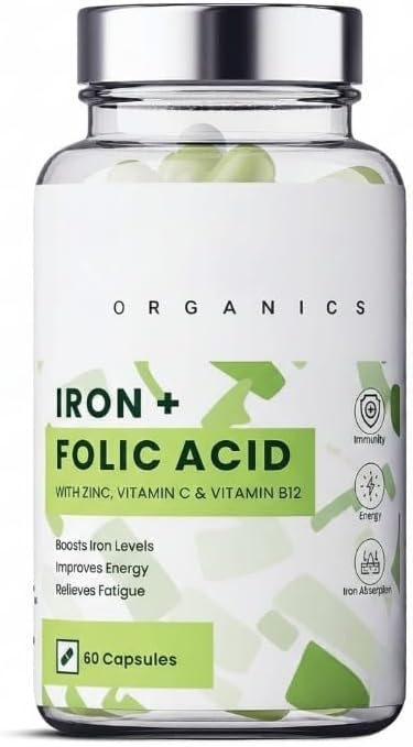 Iron + Folic Acid Supplement with Zinc, Vitamin C & Vitamin B12 | 60 Veg Capsules | Supports,Immunity and Energy | Enhances Iron Absorption| for Both Men & Women