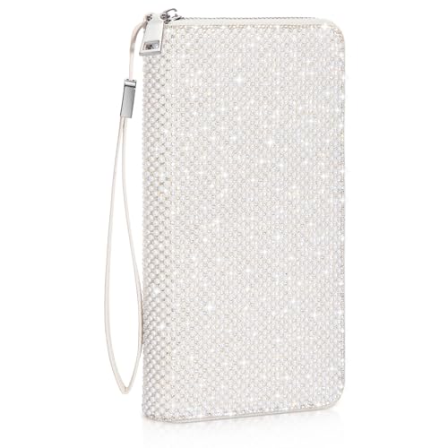 Image of MotiMind White Bling Gift Glitter Sparkly Wallet for Women Rhinestone /Pearl Wallet RFID Blocking Phone Purse Gifts for Mother's Day (Pearl)
