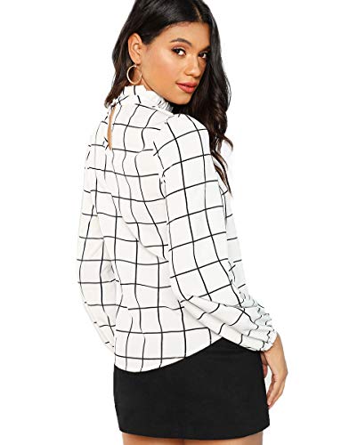 Romwe Women's Elegant Printed Stand Collar Long Sleeve Workwear Blouse Top Shirts White Check L #TOP1