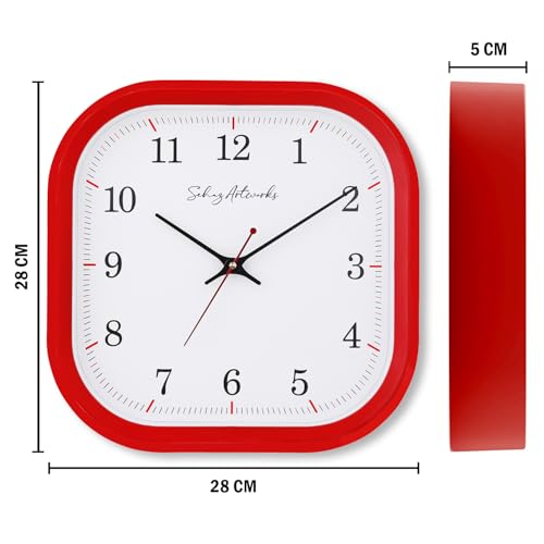 Image of Sehaz Artworks Silent Square Wall Clock for Hall | Red - 28x28 CM | Non Ticking, Designer Wall Clock for Bed Room Silent Sweep, Wall Watch for Living Room Stylish, Clock for Living Room Stylish