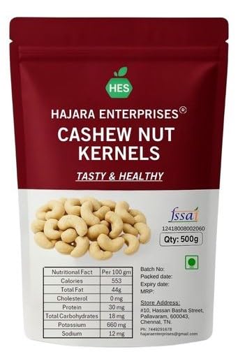 Image of HAJARA Tasty Cashew Nuts | 500 Grams | Unroasted Kernels | Rich in Flavor & Nutrients | Perfect Snack Option | Freshly Packed for Optimal Taste | Vegan-Friendly and Multi Nutrients.