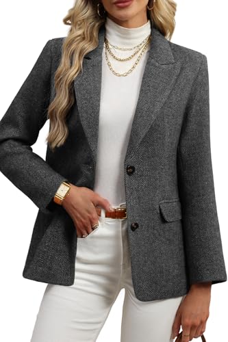 ELLEVEN Wool Blend Tweed Blazers for Women Boyfriend Herringbone Fall Winter Blazers Dressy Business Casual Double Button Long Sleeve Suit Oversize Harris Tweed Suit Jacket Grey Large